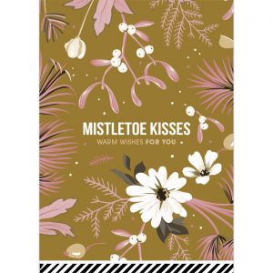 Kerstkaart vintage flowers oker Mistletoe kisses 1